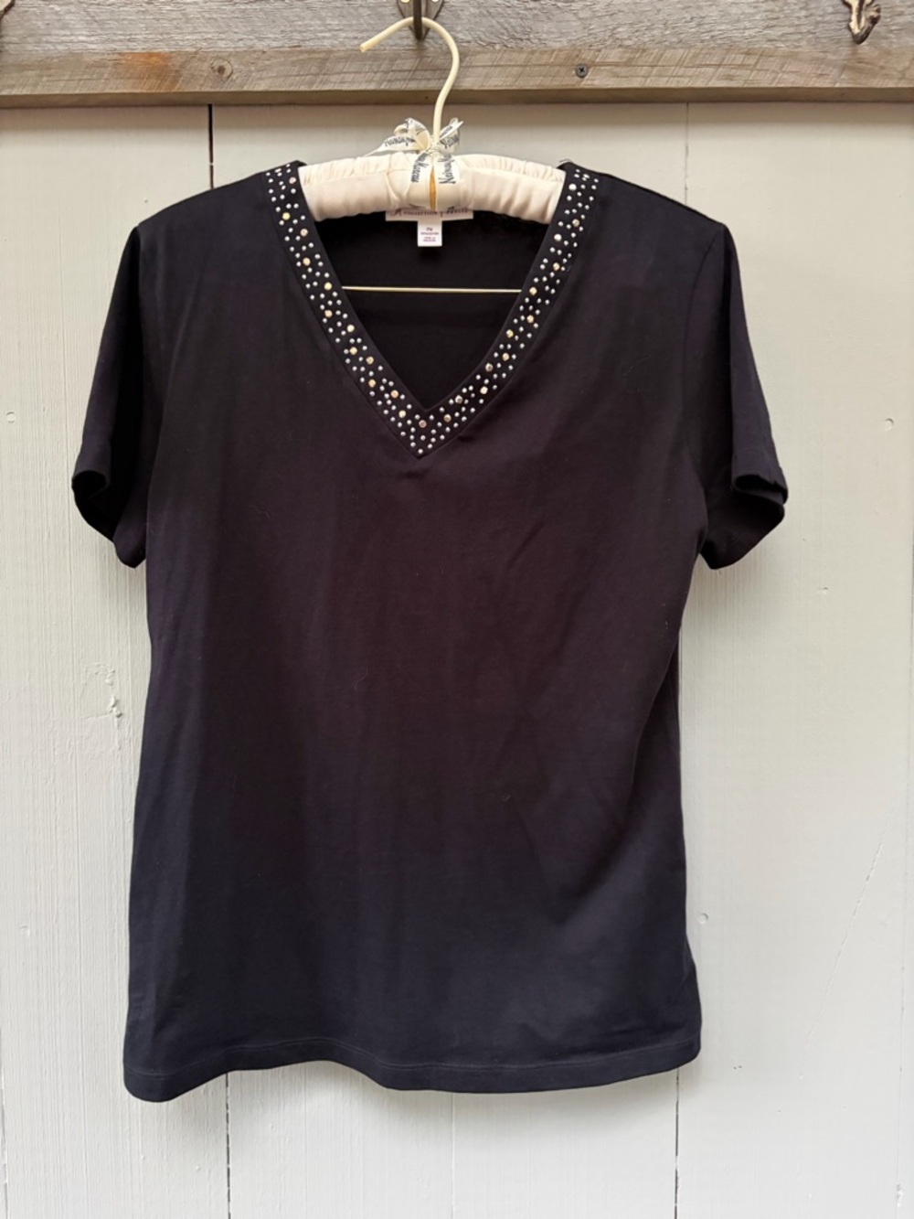 J M Collection Black V-Neck Short Sleeve Top with Studded Trim